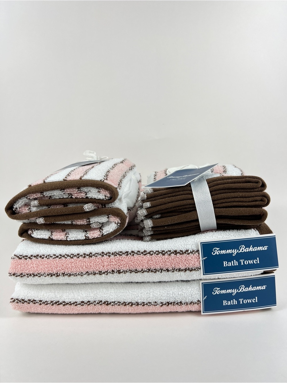 Tommy Bahama Bathroom Towel Set Pink Brown White Ticking Stripe Cotton 8 Pc NEW